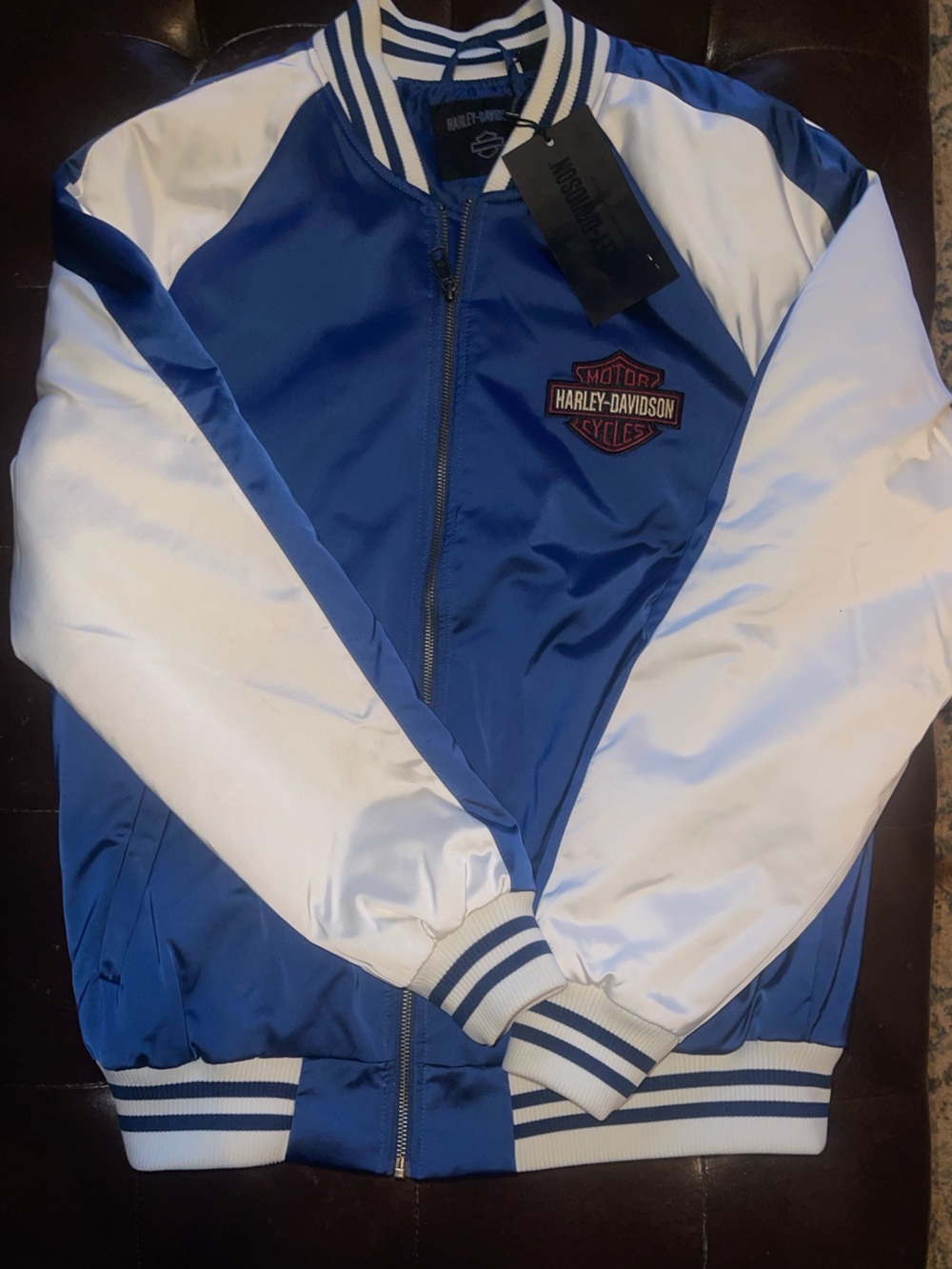 NWT Harley-Davidson Blue and White Satin Jacket with Embroidered Patch